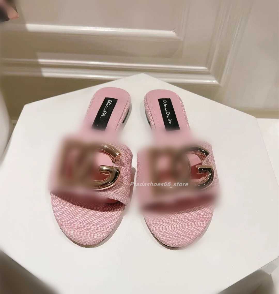 Luxury brand designer Bohemian Braided Flat Sandals Dolce, Soft Comfortable Jute Slippers for Women Summer Beach House Indoor Outdoor flap Slide dg black Pink