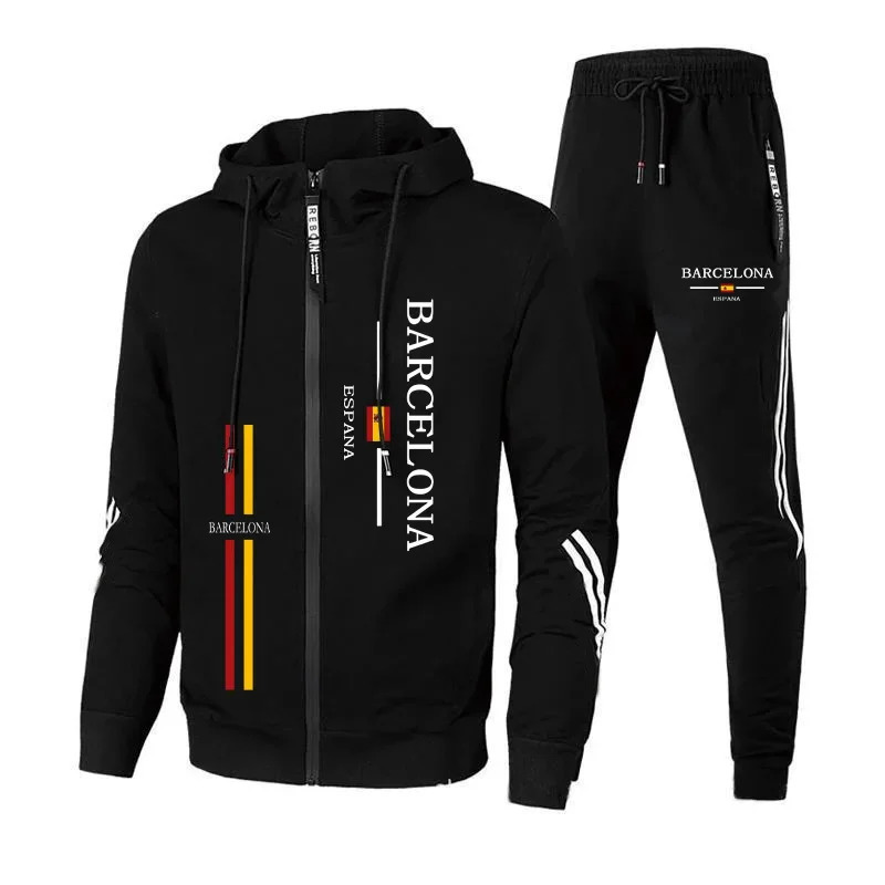 Fall Winter Daily Casual Sporty Jogger Set Gym Fitness Sportswear Barcelona Print Mens Tracksuit Zipup Hoodie Black Sweatpants 250915