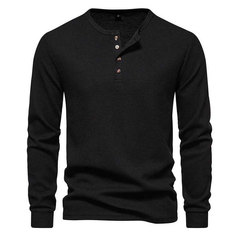 Waffle Henley TShirt Men Basic Breathable Mens Long Sleeve Tops Tee Shirts Spring Autumn Casual Solid Color Button T ShirtsXJ250915
