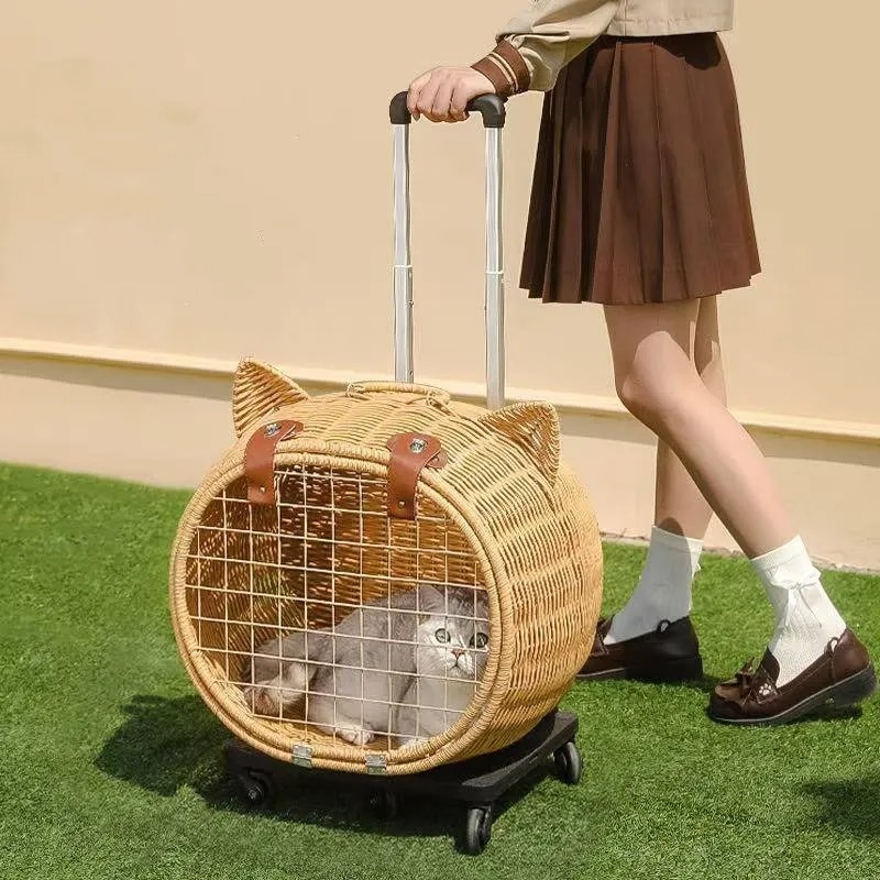 Rattan weaving Durable Wheel-Equipped Animal Transport Tote pet stroller- Ideal for Carrying Cats or Dogs under 20lbs Easily during Travels