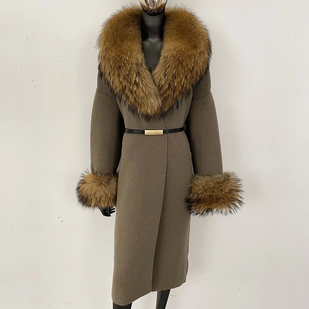 Knitwear Real Fur Coat Women Spring Autumn Long Cardigan Warm Knitted Natural Raccoon Jacket Janker Female 250915