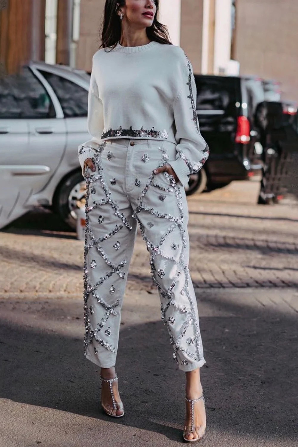 Sequin Decor Straight Leg Denim Jeans for Women High Wait Elegant Casual Pockets Vintage Diamond Denim Pencil Pants Trousers 250912