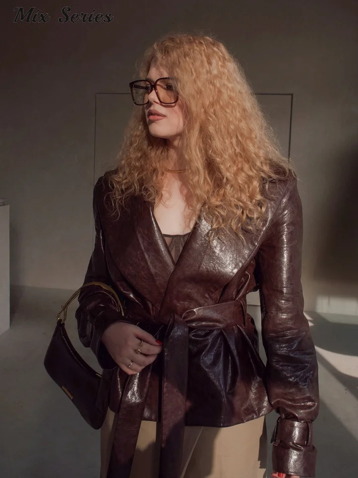 Fashion Glossy Leather Coats Womens Textured Lapel Long Sleeve Button Lace Up Jacket Autumn Lady High Street Outerwear 250910