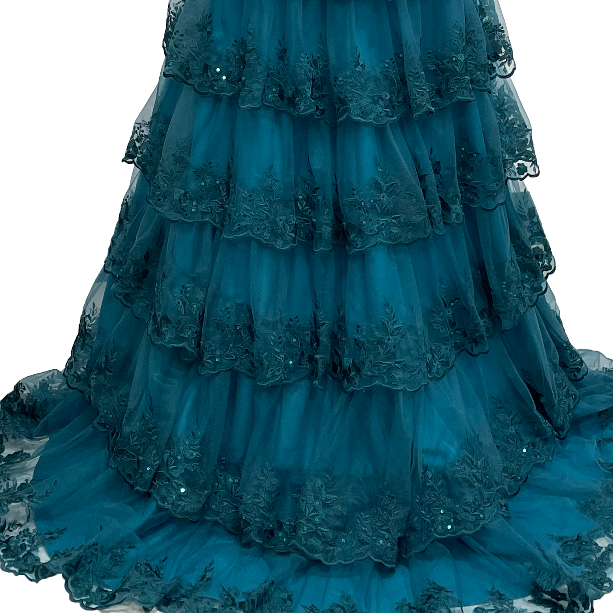 Evening Dresses Gorgeous Off - the - Shoulder Emerald Green Evening Gown with Layered Lace Ruffles and Sequin Embellishments