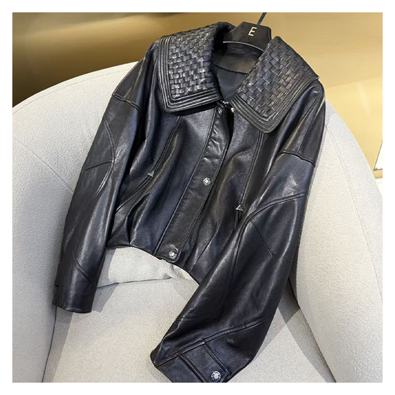 New autumn and winter classic BV style woven leading layer light wax sheepskin old money silhouette leather jacket