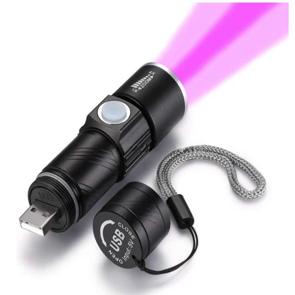 UV Light Rechargeable USB Flashlight 395nm Blacklight Ultraviolet Lamp LED Portable Mini Handheld Torch Dog Urine Stain Detector C250915