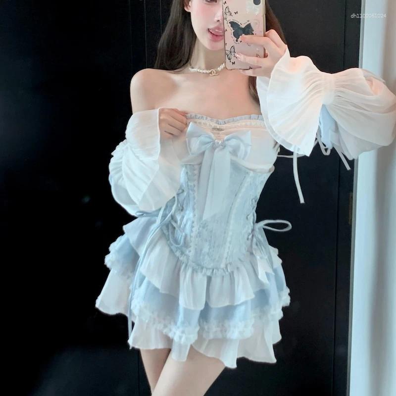 Casual Dresses Blue Japanese Style Kawaii Lolita Dress Women Sexy Slash Neck Bow Elegant Party Mini Female Korean Fashion Princess