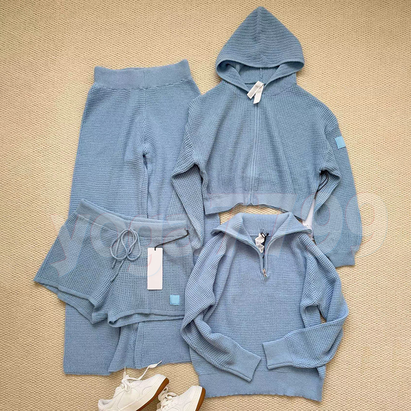 Yoga 4 Piece Waffle Vest Short Set Wide Leg Elastic Waist Loose Sports Slim Long Pants Women Zipper Hoodie Casual Knit Jacket