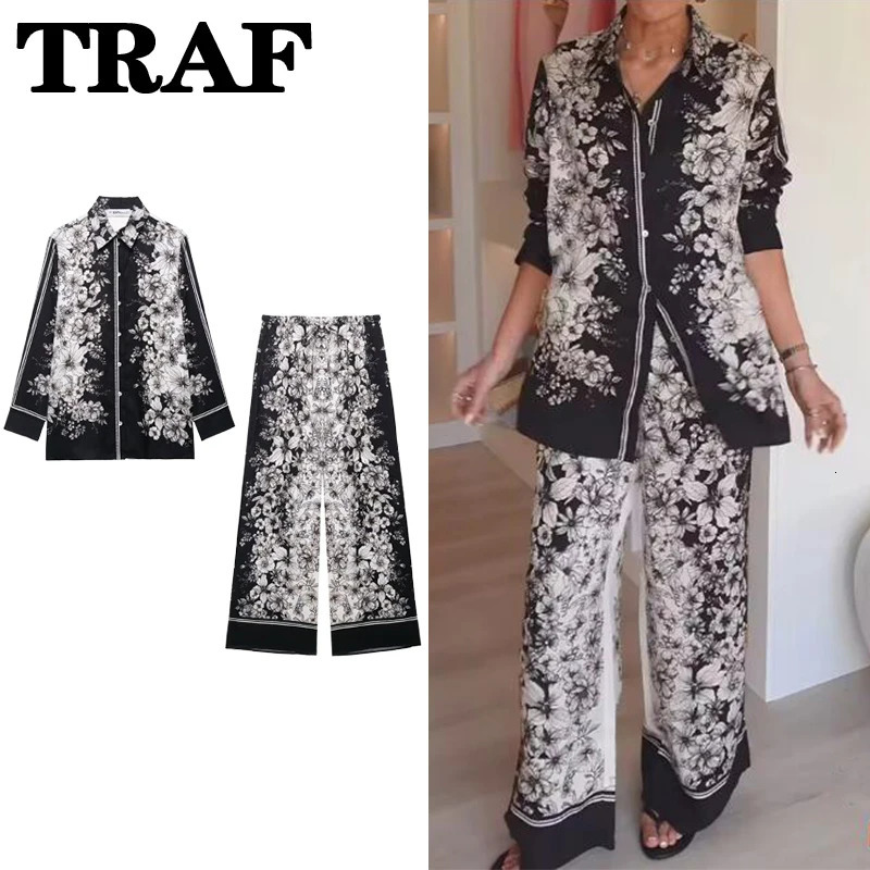 Chic Elegant Pants Set Womens 2 Pieces Fashion Printed Shirt Top Trousers Casual Sets Two Piece Woman Outfits 250915