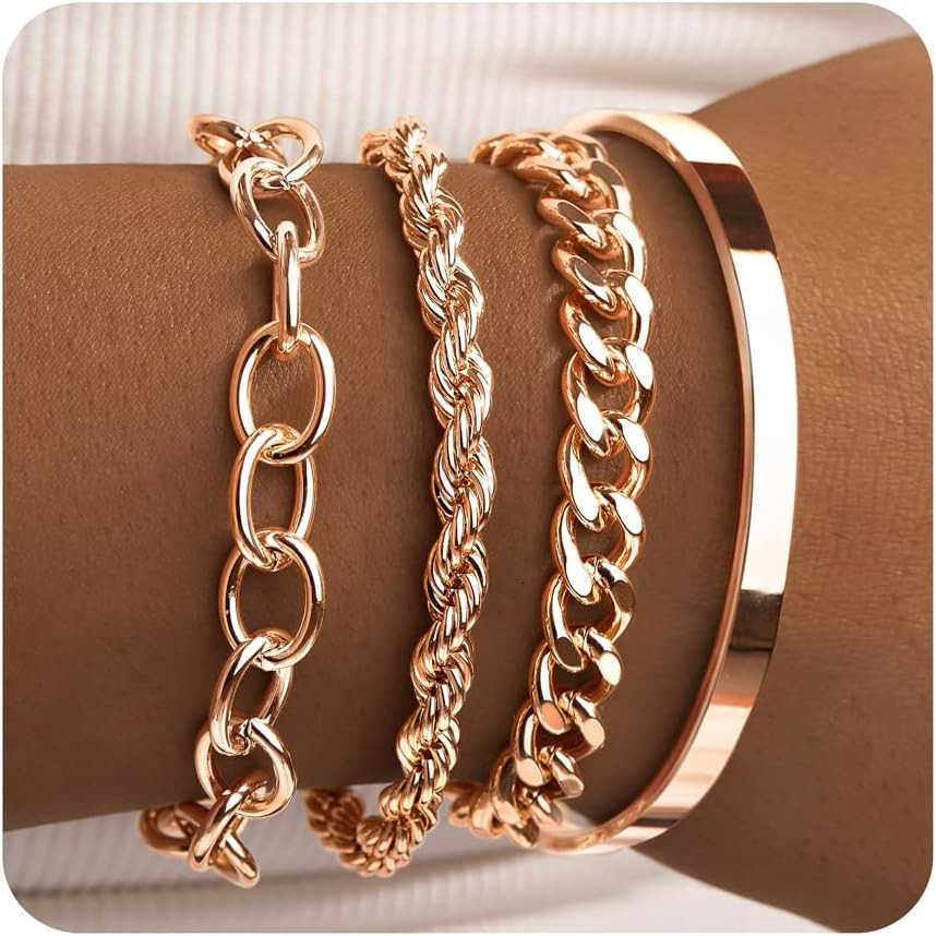 Gold Link Bracelets for Women 14K Real Gold Plated Bangle Cuff Bracelets Set for Women Non Tarnish Dainty Cuban Paperclip Twist Layered Bracelet Stack