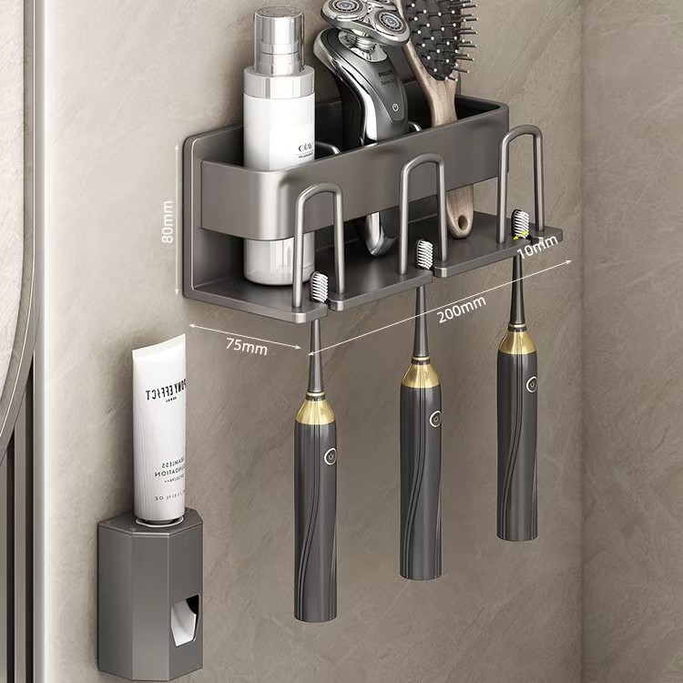 Multi functional toothbrush storage rack no punching gun ash bathroom mouthwash cup toothbrush cup storage wall mounted electric toothbrush rack