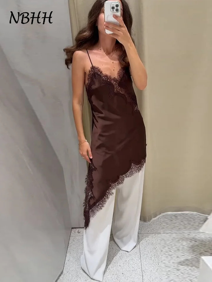 Brown Satin Sexy Lace Spliced Short Sling Dress Women Vneck Sleeveless Backless Asymmetric Party Dresses 2025 Summer Lady Robes 250915