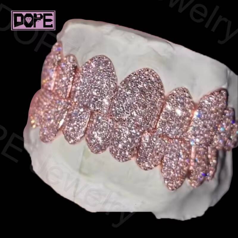 Custom Hip Hop Grillz for Teeth 925 Silver Rose Gold Plated Bling 8 on 8 Iced Out VVS Moissanite Grillz