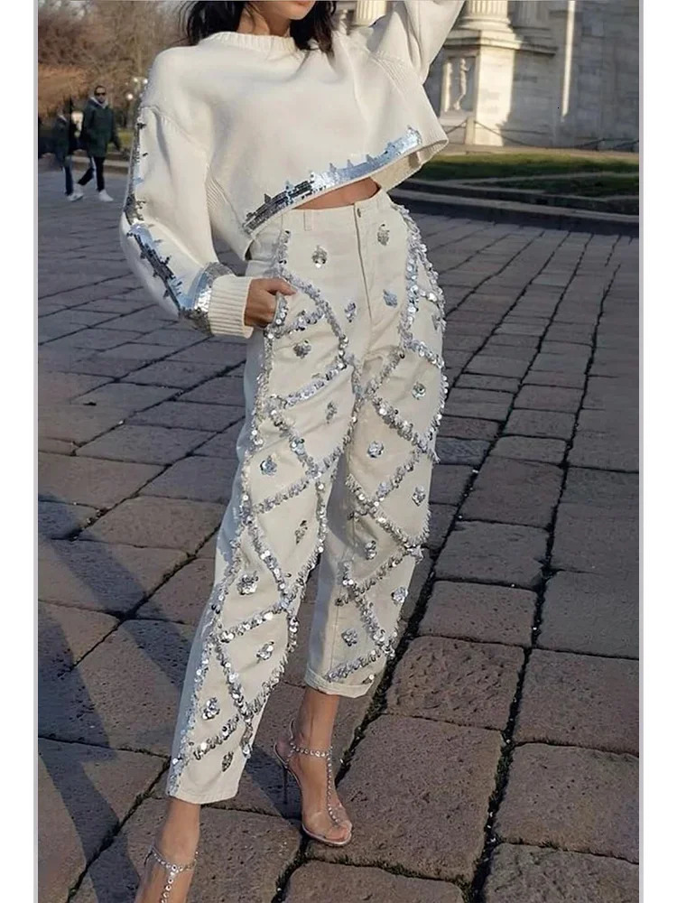 Sequin Decor Straight Leg Denim Jeans for Women High Wait Elegant Casual Pockets Vintage Diamond Denim Pencil Pants Trousers 250915