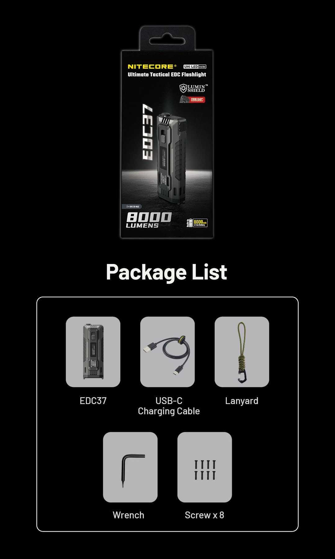 NITECORE EDC37 Flashlights 8000LM USBC Rechargeable Fast Charging Torch Tactical EDC Flashlight Builtin 8000mAh Battery W250915