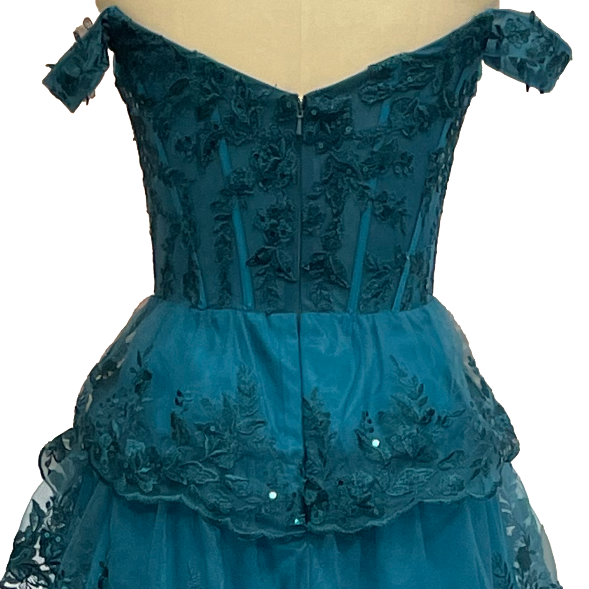 Evening Dresses Gorgeous Off - the - Shoulder Emerald Green Evening Gown with Layered Lace Ruffles and Sequin Embellishments