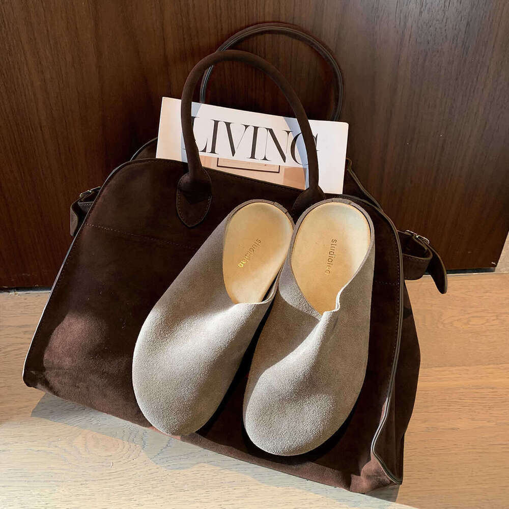 Autumn Lazy Style Simple Half-Wrapped Thick Sole Genuine Leather Slip-On Flat Closed-Toe Slippers