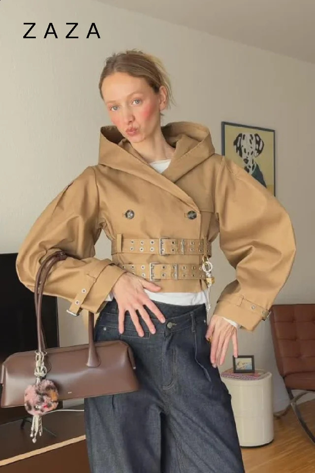 Womens Autumn Punk Long Trench Coat Bat Sleeve Double Breasted Jackets Slim Fit Hooded Crop With Belt 2025 Lady Coats 250905