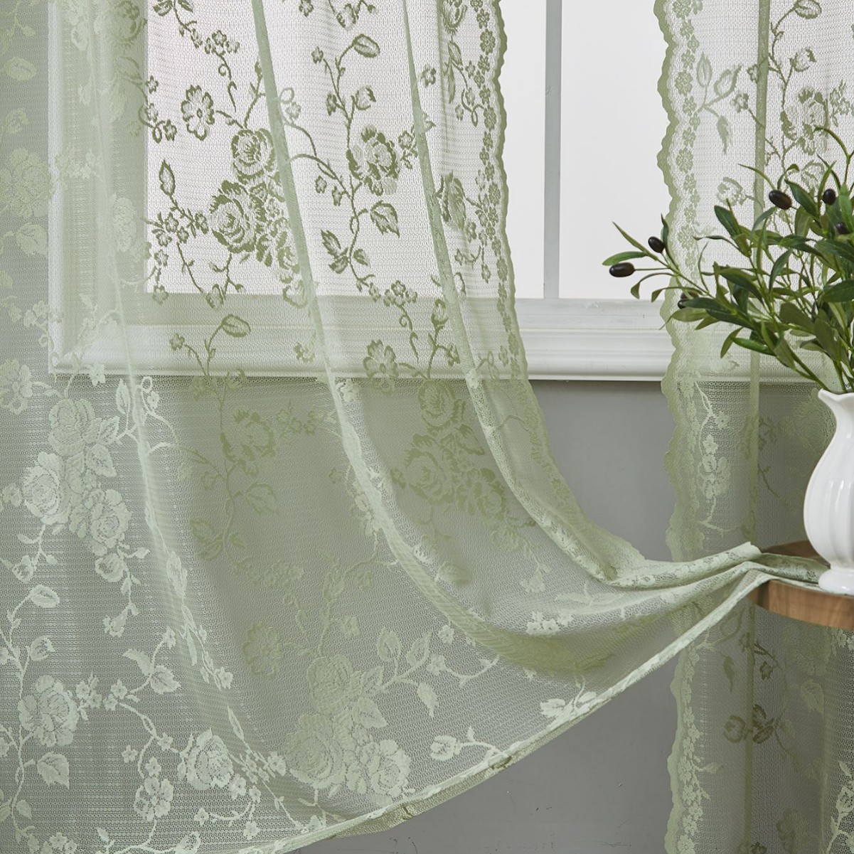 YL-37237 French green kitchen curtains retro American light-transmitting French double-layer lace bedroom partition curtains bay window curtain