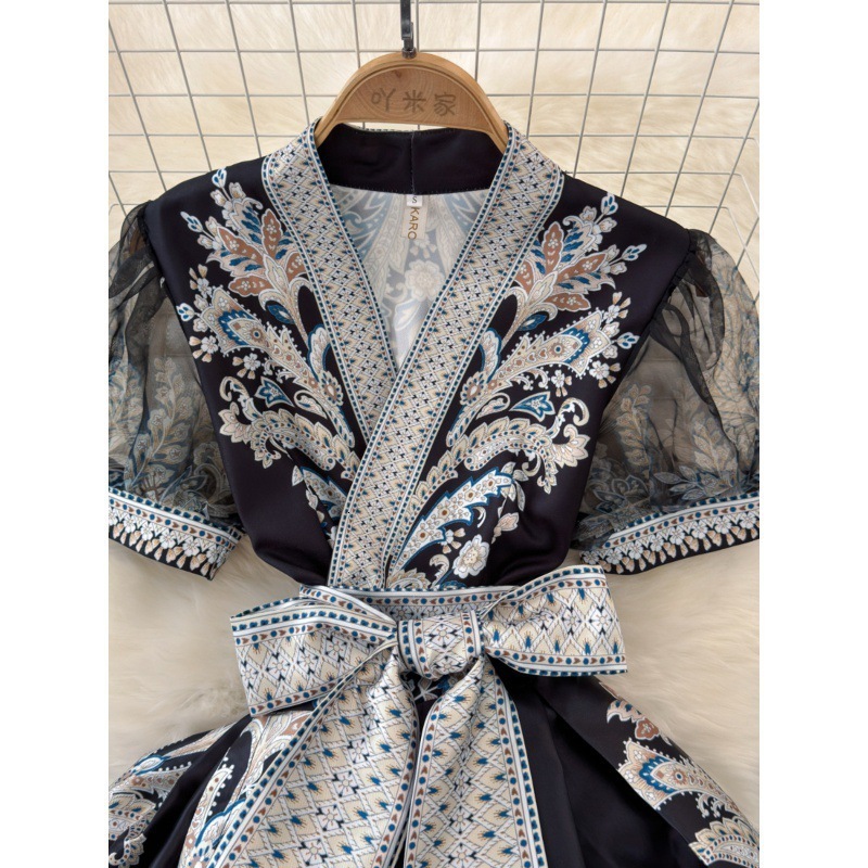 Summer Retro Paisley Print Long Dresses Womens V Neck Short Puff Sleeve Vintage Bandage Lace Up Boho Robe Vestidos Clothes 6269 240819