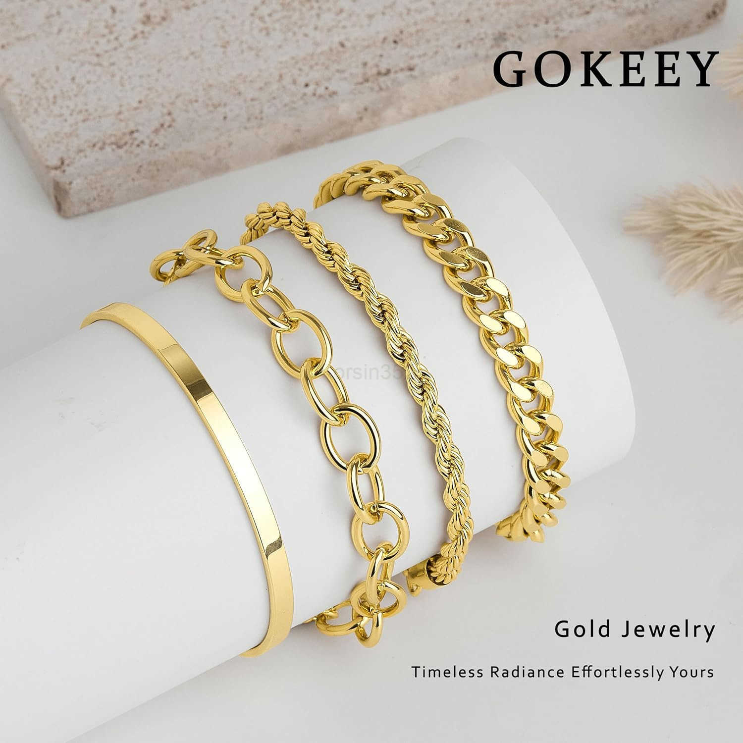 Gold Link Bracelets for Women 14K Real Gold Plated Bangle Cuff Bracelets Set for Women Non Tarnish Dainty Cuban Paperclip Twist Layered Bracelet Stack