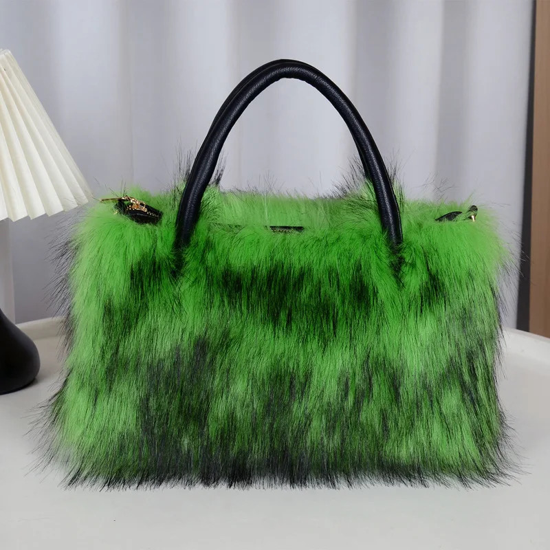 Autumn Winter Faux Fur Tote Bag For Women Rectangular Large Capacity Plush Handbags American Fashion High Street Crossbody Bags 250911