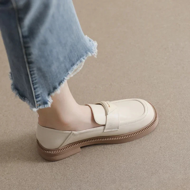 Spring Womens Leather Shoes Mid Heel Loafers British Style Black Casual Banquet and Office Wear Fashion n 250915