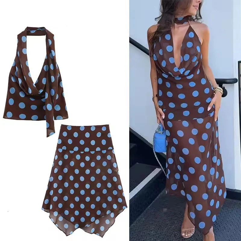 Polka Dot Printed Midi Skirts Two Piece Sets for Women 2025 Summer Chic Scarf Halter Top Suits Beach Woman 2 Piece Outfits 250915