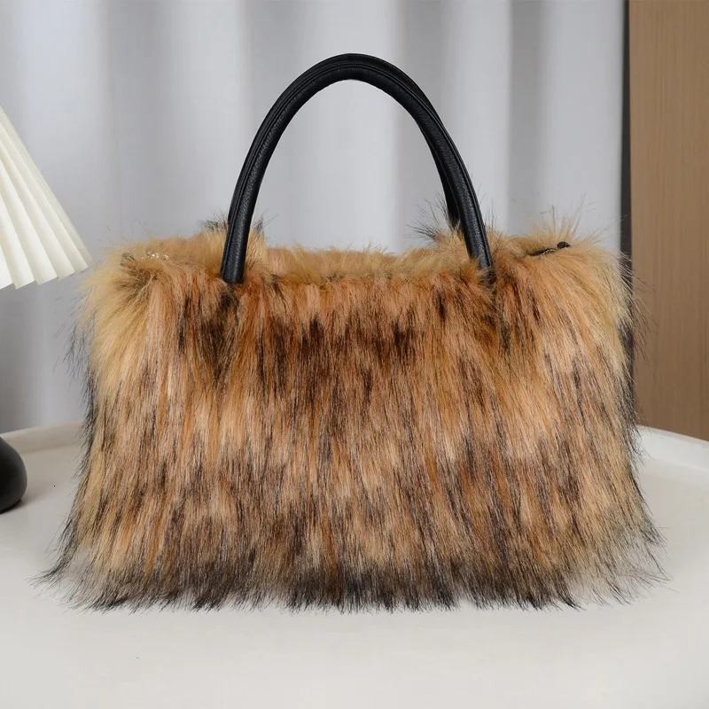 Autumn Winter Faux Fur Tote Bag For Women Rectangular Large Capacity Plush Handbags American Fashion High Street Crossbody Bags 250911