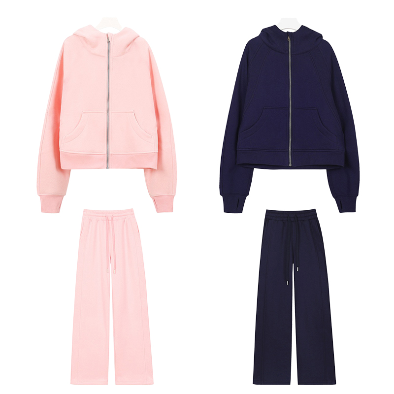 Women's Hooded Full zipper Sweater Two Piece Set Sports Cardigan Jacket Yoga Autunm Winter Coat