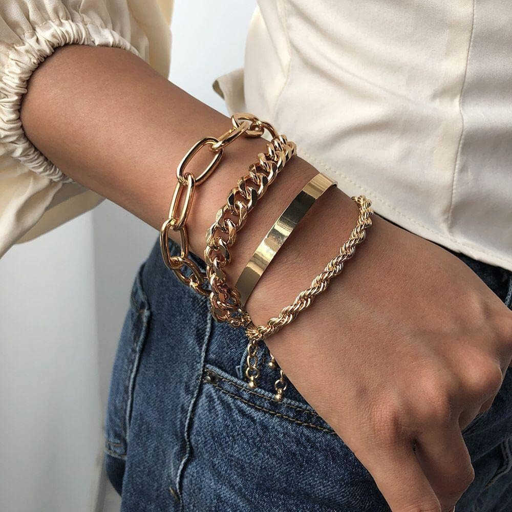 15 Pcs 14K Plated Gold Bracelets Set for Women Multiple Layered Stackable Open Cuff Bangle Adjustable Cuban Link Chain Tennis Bracelet Pack Dainty Cla