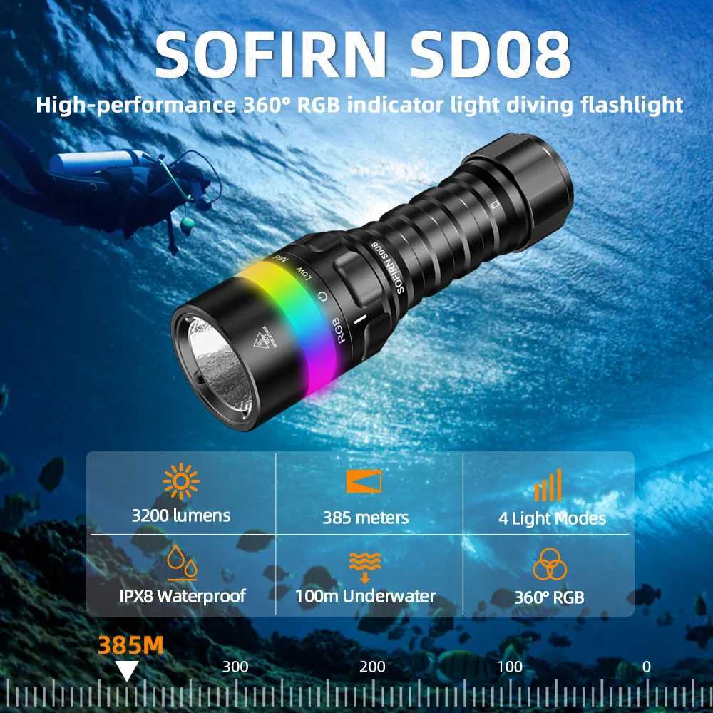 New Sofirn SD08 Scuba Diving Flashlight SST70 LED 3200lm 21700 Rechargeable Torch With 360 RGB light underwater positioning C250915