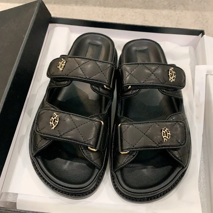 France Designer Sandals For Woman Real Leather Classic Dad Sandal Platform Sandels Black White Summer Beach Shoes pinstripe Flat Heel slide Black White Nude 35-42