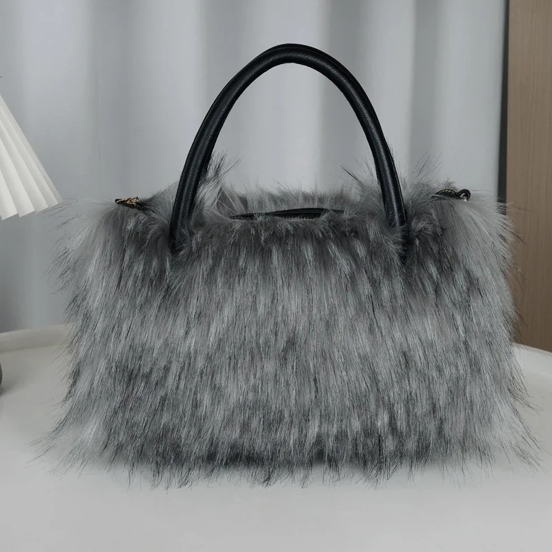 Autumn Winter Faux Fur Tote Bag For Women Rectangular Large Capacity Plush Handbags American Fashion High Street Crossbody Bags 250911