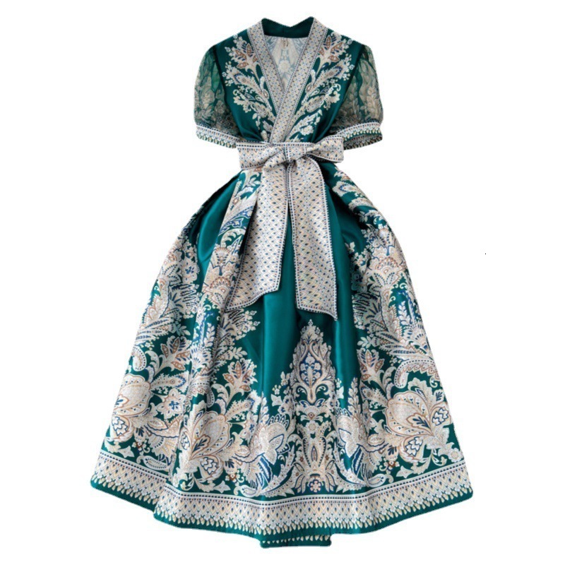Summer Retro Paisley Print Long Dresses Womens V Neck Short Puff Sleeve Vintage Bandage Lace Up Boho Robe Vestidos Clothes 6269 240819