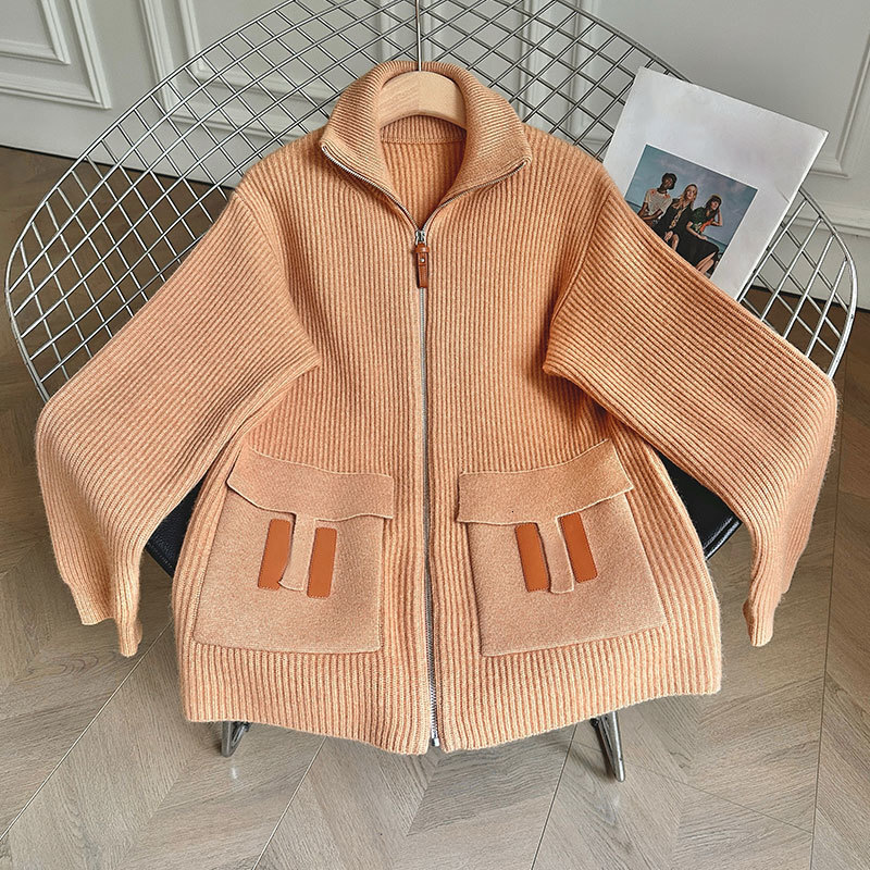 Luxury Y2K Designer Vintage Oversized Women's 100% Cashmere Brown Pocket Knit Cardigan Stand Collar Loose Fit Zip Up Classic Cuffed Sleeves Soft 
