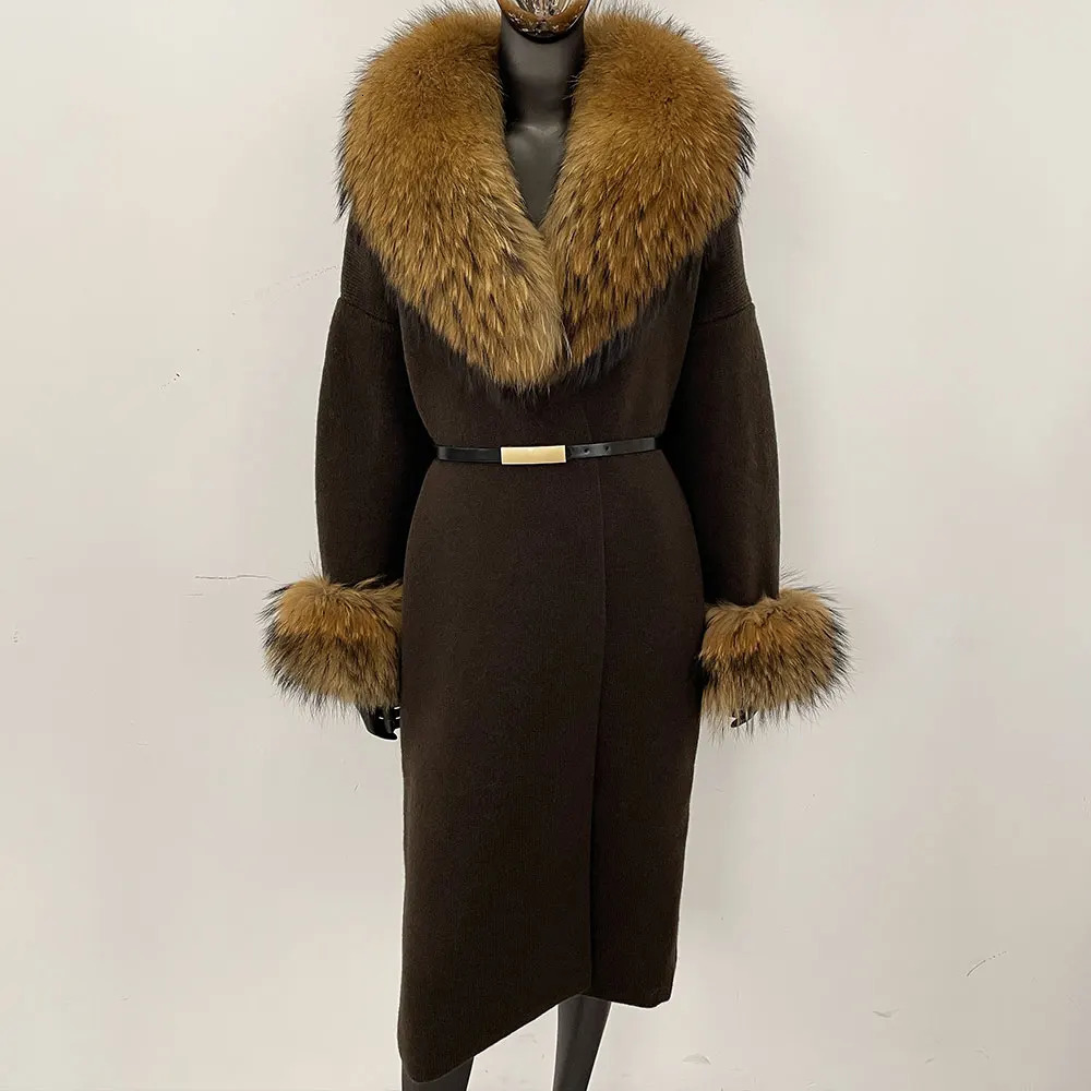 Knitwear Real Fur Coat Women Spring Autumn Long Cardigan Warm Knitted Natural Raccoon Jacket Janker Female 250915