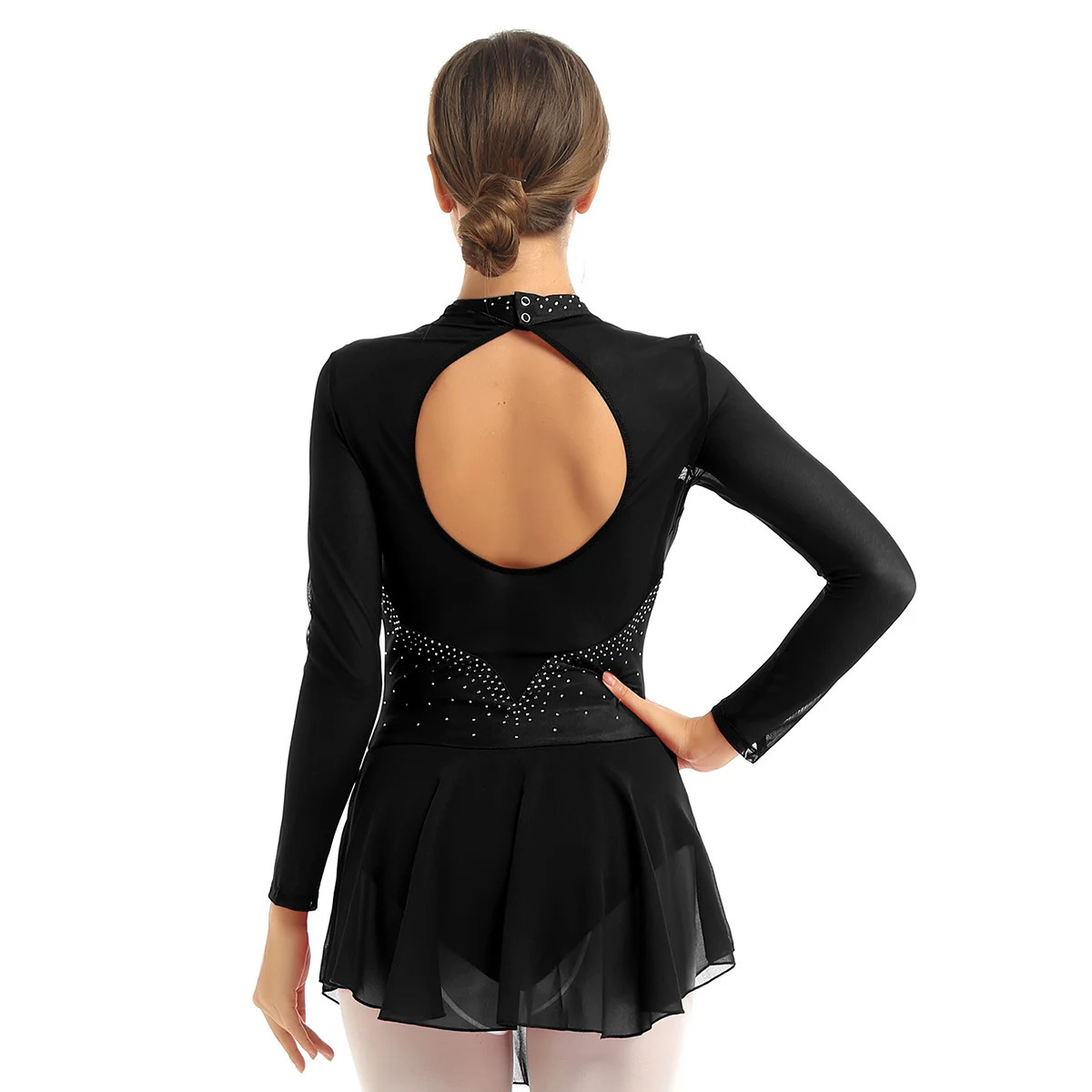 Adults Figure Skating Dress Clothes Mesh Long Sleeves Ballet Dress Ice Skating Dress Gymnastics Leotard Women Dancewear Costumes 250915
