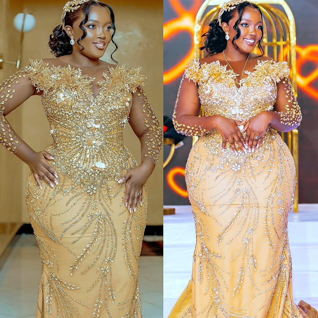 Aso Ebi Gold Mermaid Prom Dresses 2025 Sheer Neck Crystals Luxurious Evening Formal Party Second Birthday Engagement Gowns Plus Size Dress For Special