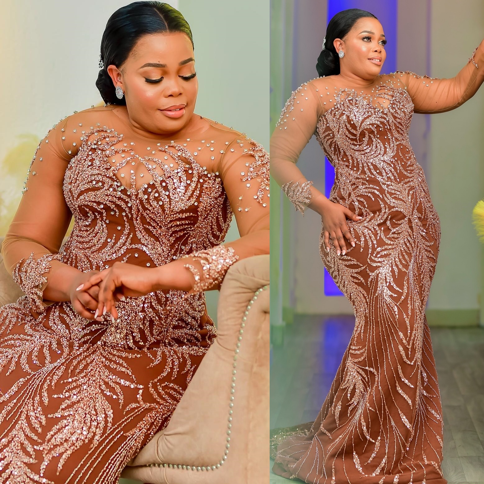 Aso Ebi Brown Mermaid Prom Dresses 2025 Crystals Sequined Illusion Evening Formal Party Second Birthday Engagement Gowns Plus Size Dress For Special O