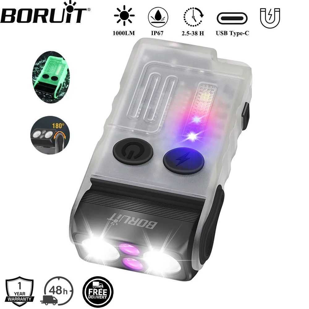 BORUiT V201 Keychain EDC LED UV Flashlight TypeC Rechargeable Torch Buzzer Work Light with Clip Magnet Camping Pocket Lantern C250915