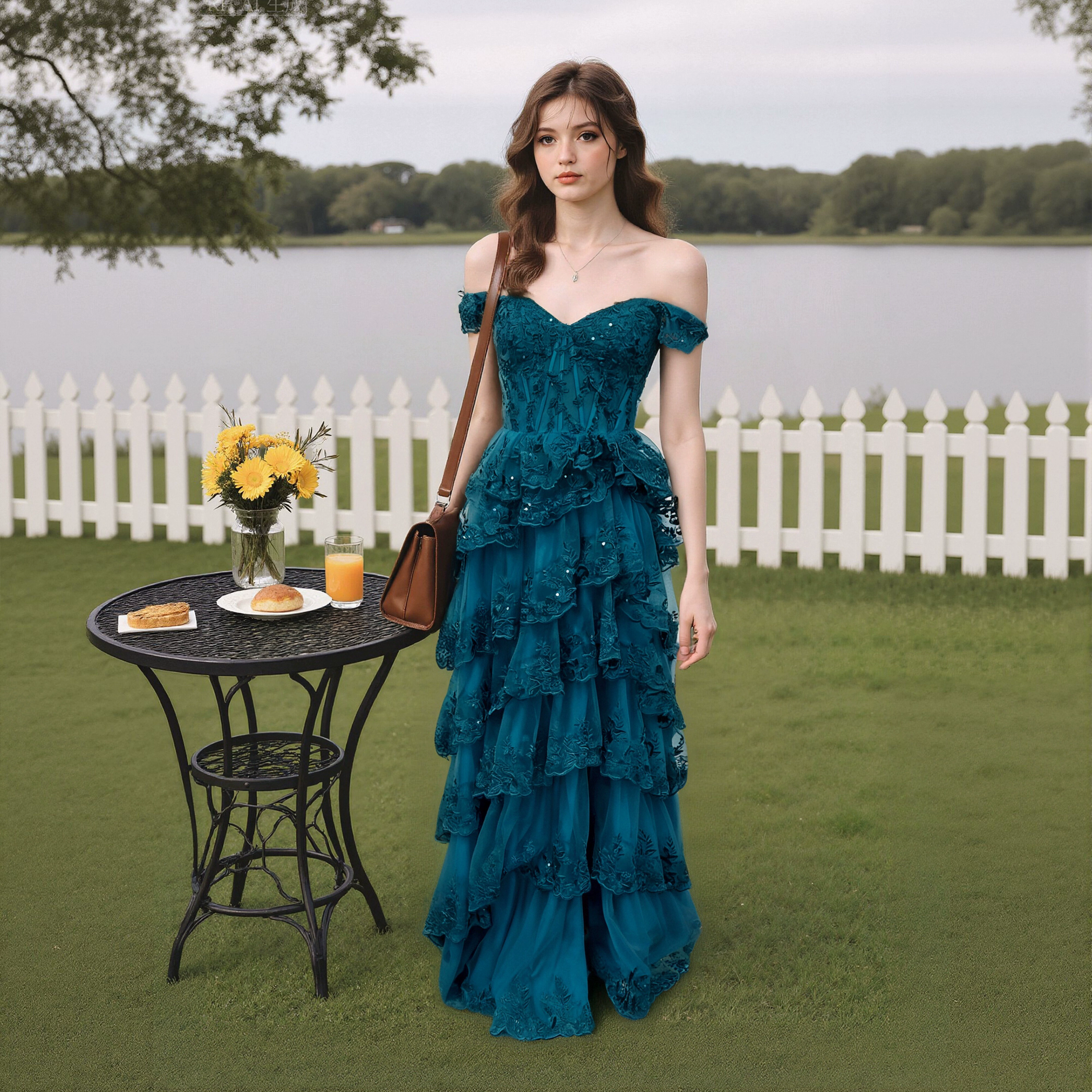 Evening Dresses Gorgeous Off - the - Shoulder Emerald Green Evening Gown with Layered Lace Ruffles and Sequin Embellishments
