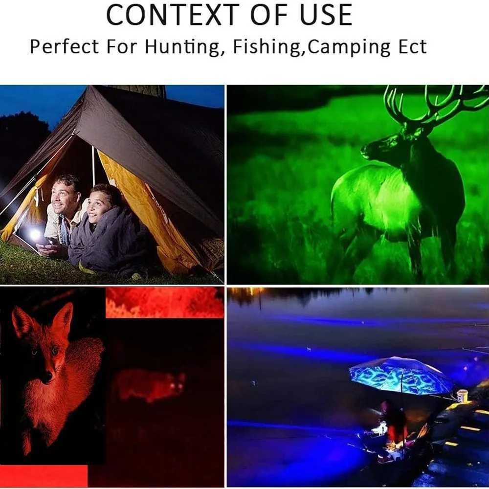 Zoom 4Colour light WhiteRedGreenBlue LED Flashlight USB Rechargeable Fishing Camping Hunting Photography Selfie Hiking Torch C250915