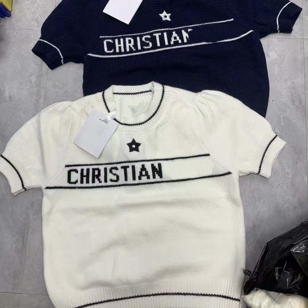 Designer's new 2025 pentagram T-shirt letter jacquard summer short sleeved knitted sweater round neck short top slim fit