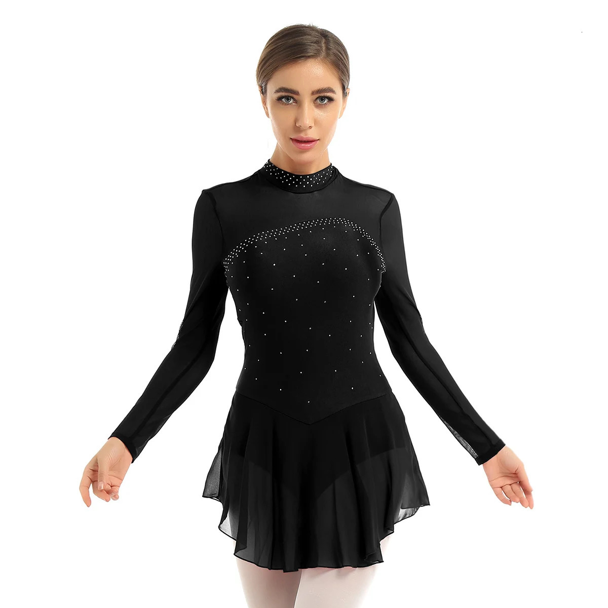 Adults Figure Skating Dress Clothes Mesh Long Sleeves Ballet Dress Ice Skating Dress Gymnastics Leotard Women Dancewear Costumes 250915
