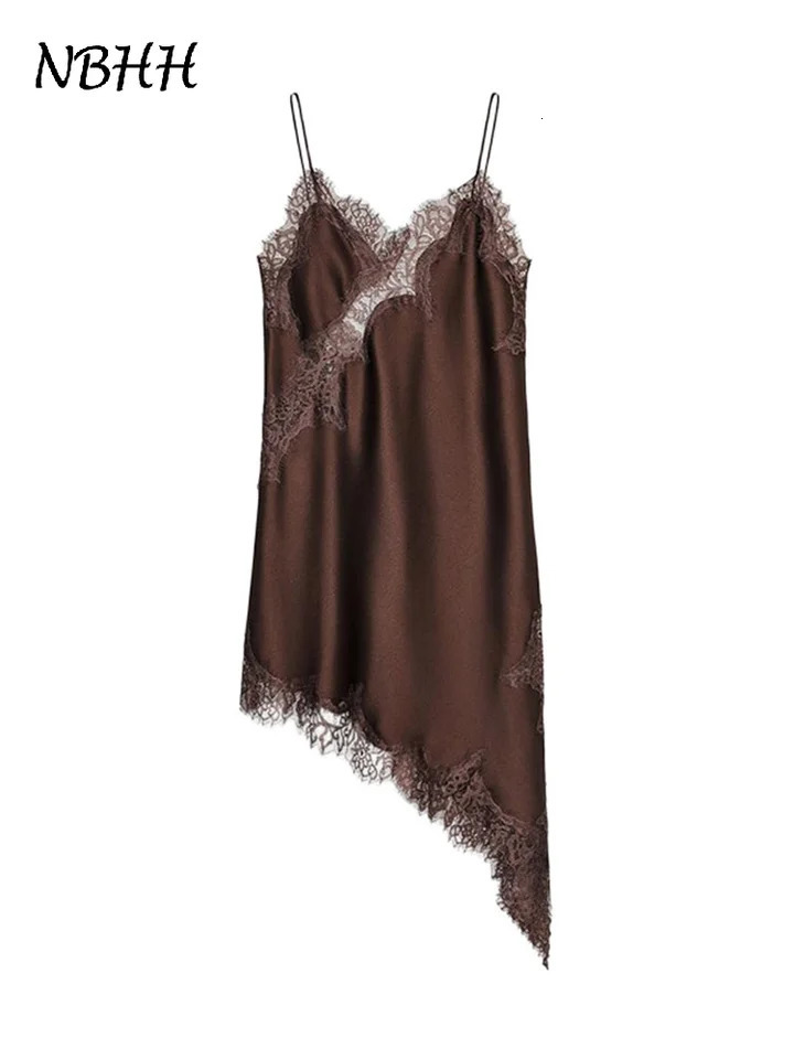 Brown Satin Sexy Lace Spliced Short Sling Dress Women Vneck Sleeveless Backless Asymmetric Party Dresses 2025 Summer Lady Robes 250915