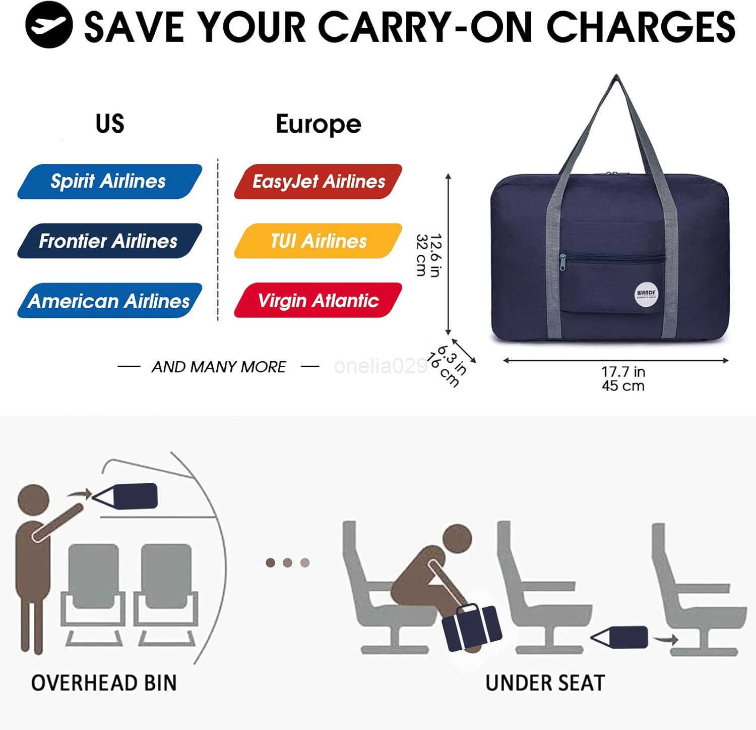 For Spirit Airlines Personal Item Bag 18x14x8 Travel Duffel Bag Underseat Foldable Carryon Luggage for Women W250915
