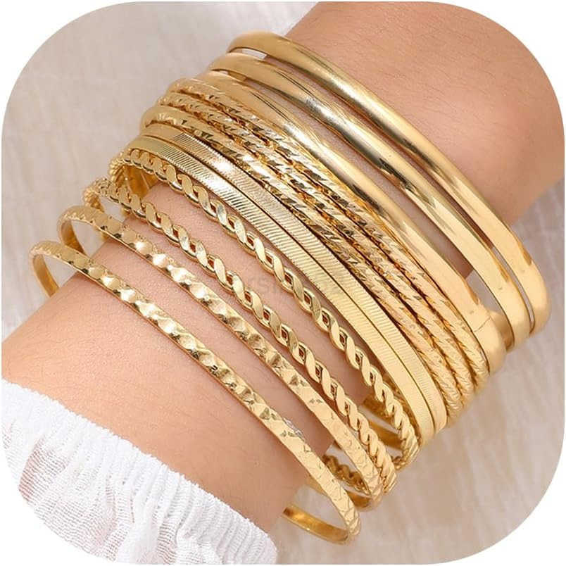 Gold Bangle Bracelets Set for Women Boho Multi Layer Stack Textured Bracelets Indian Chunky Bangle Bracelet for Women TeenW250915
