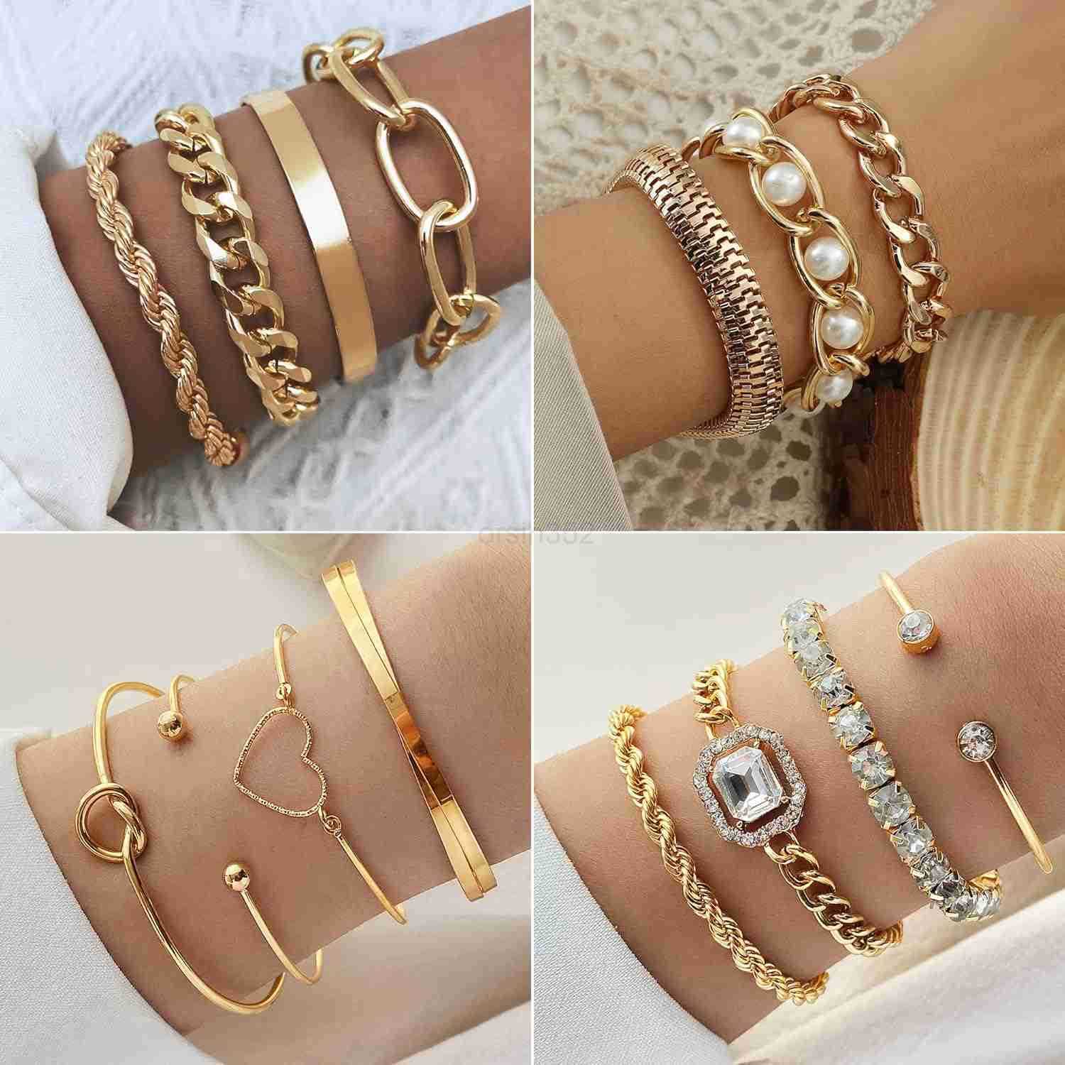 15 Pcs 14K Plated Gold Bracelets Set for Women Multiple Layered Stackable Open Cuff Bangle Adjustable Cuban Link Chain Tennis Bracelet Pack Dainty Cla