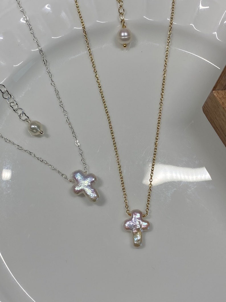 Minimalist White Baroque Cross Pearl Dainty Her Religious Necklace Gift for Shower
